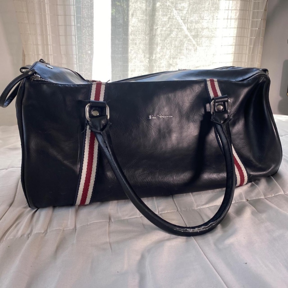 Ben Sherman Black Duffle Bag – Faux Leather Weekender with Striped Strap